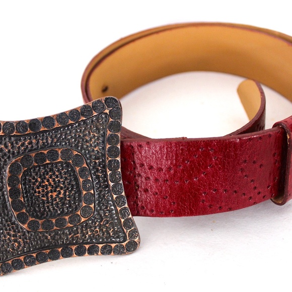 90s XXBYMEXX  red top layer leather belt large Italian buckle ceinture rouge - Picture 2 of 7